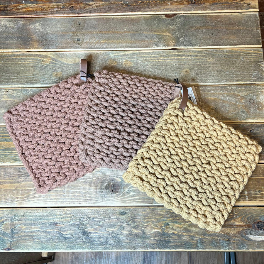 Square Cotton Pot Holder w/ Leather Loop 8”