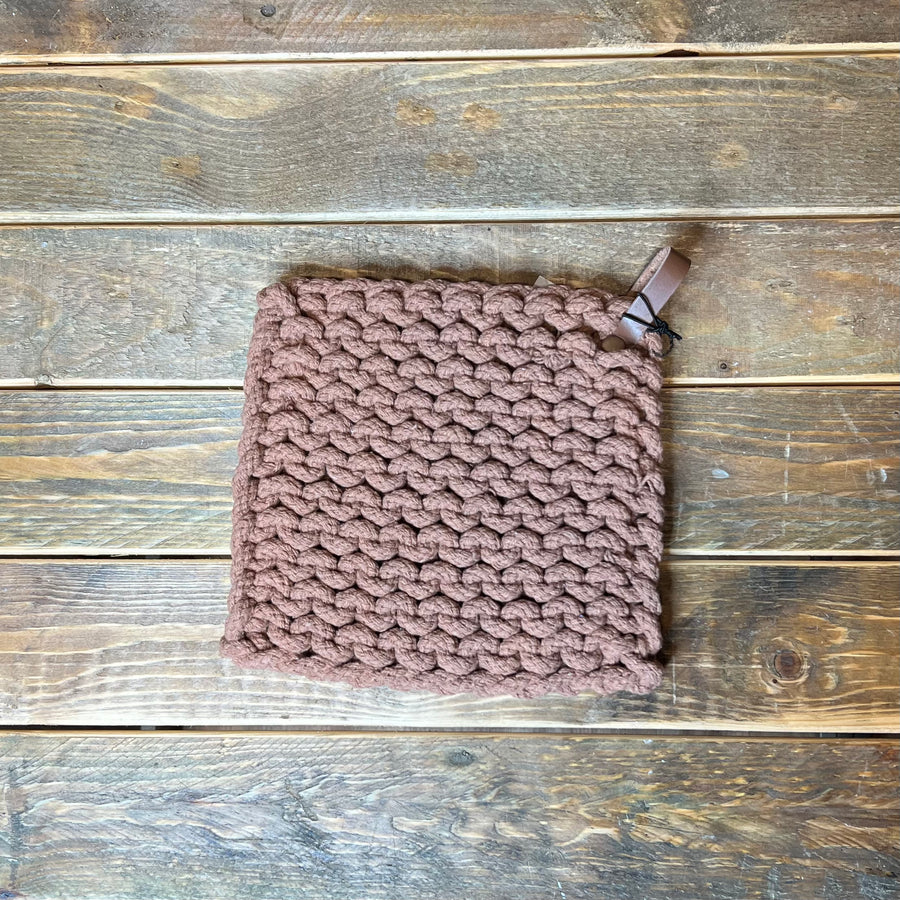 Square Cotton Pot Holder w/ Leather Loop 8”