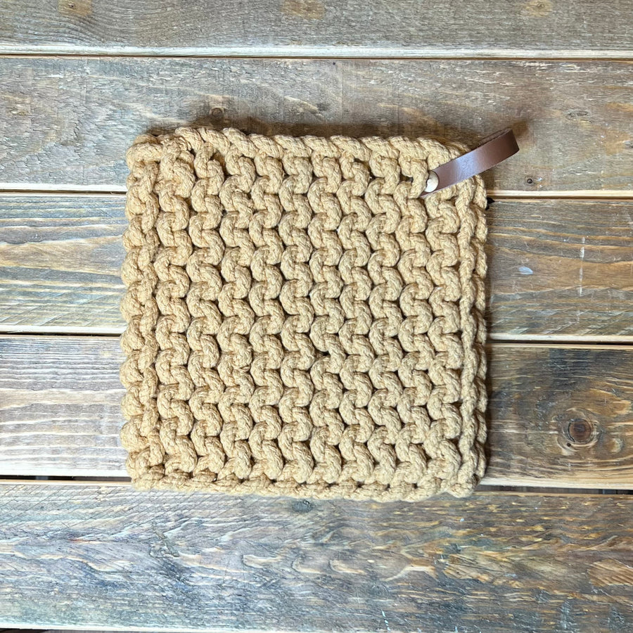 Square Cotton Pot Holder w/ Leather Loop 8”