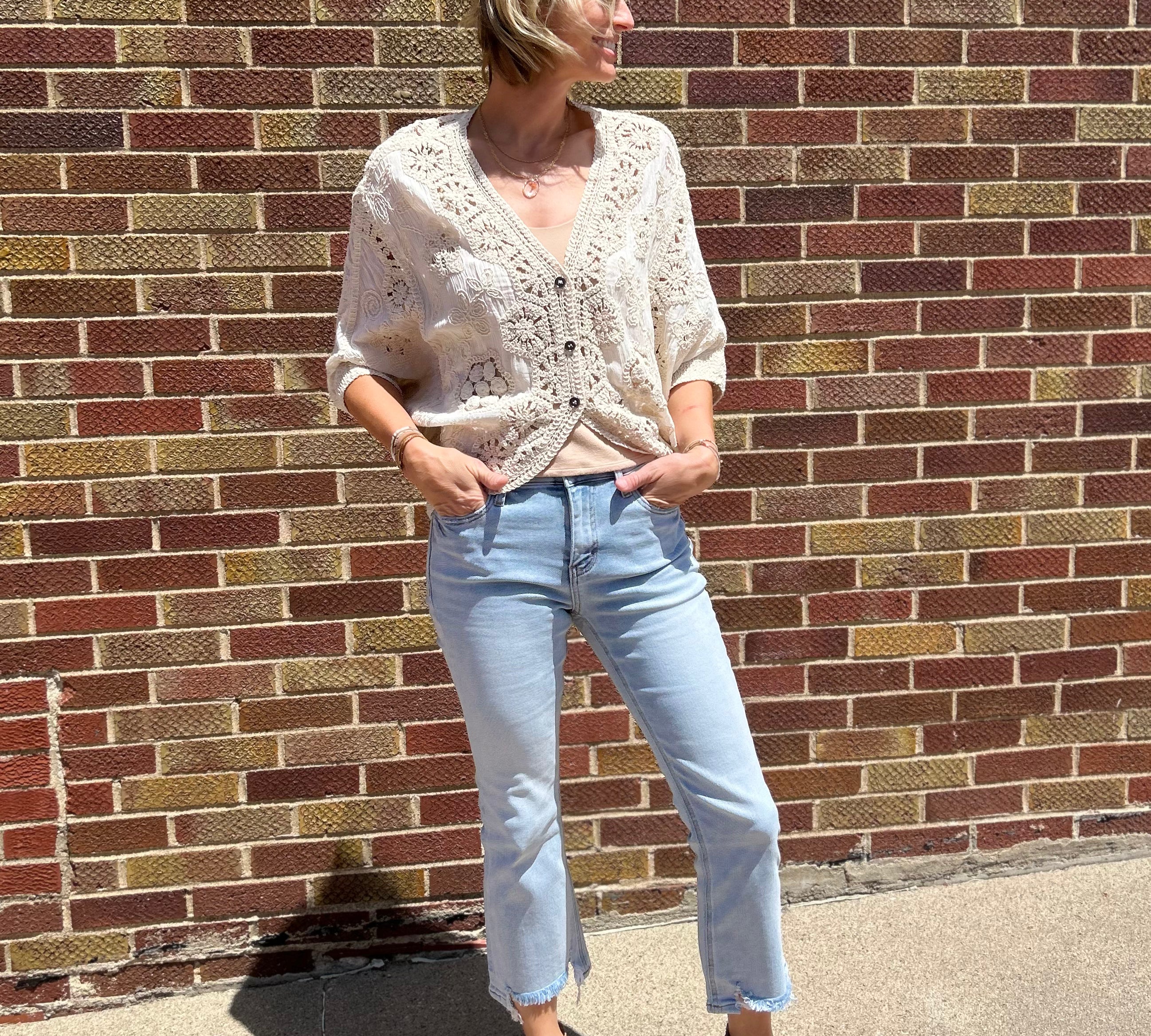 V-Neck Crochet Woven Fit Cardigan