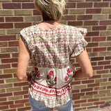 V Neck Floral Pattern Ruffle Sleeve Top