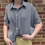 Oversize Short Sleeve Stripe Button Down Top