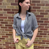Oversize Short Sleeve Stripe Button Down Top