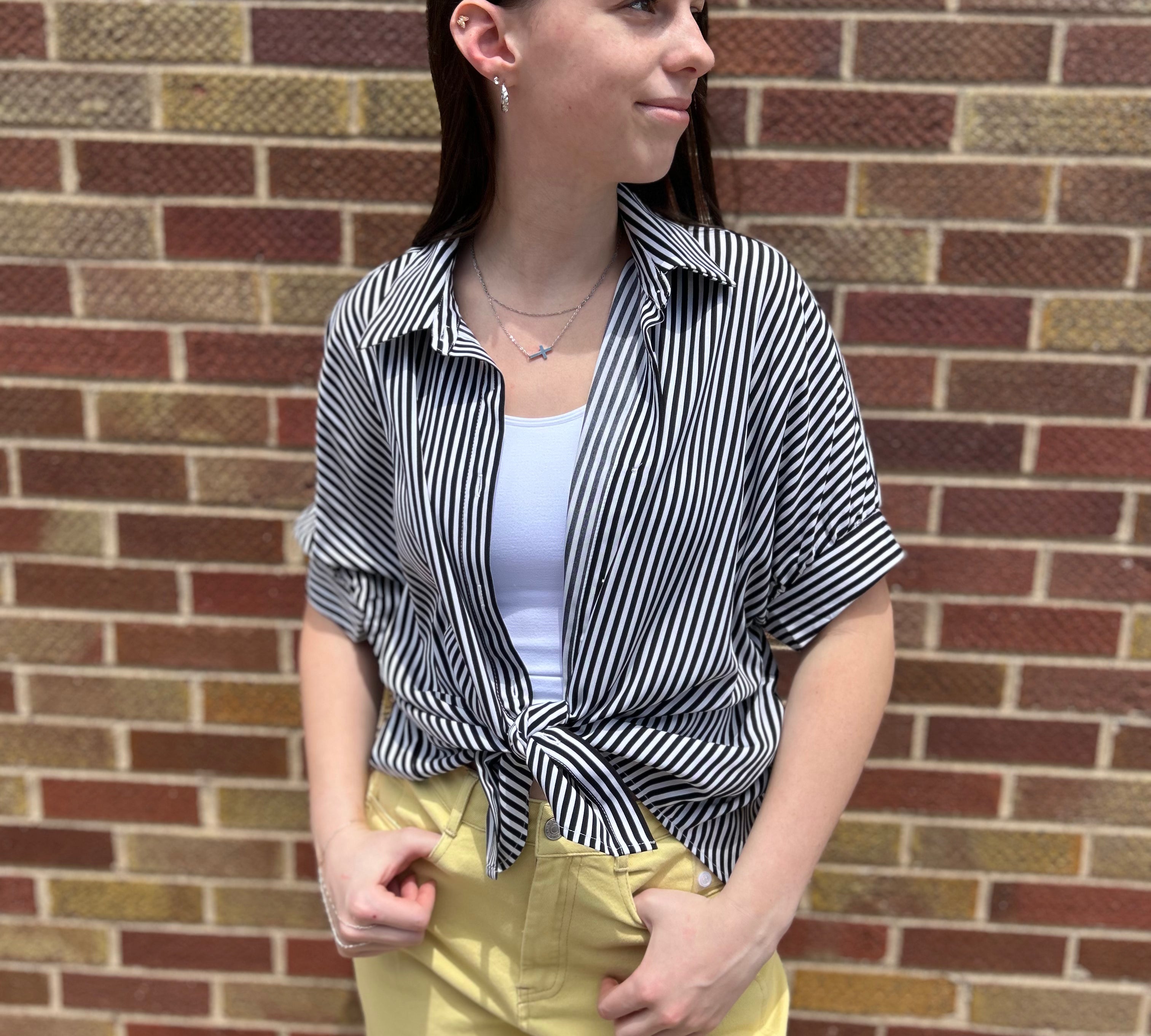 Oversize Short Sleeve Stripe Button Down Top