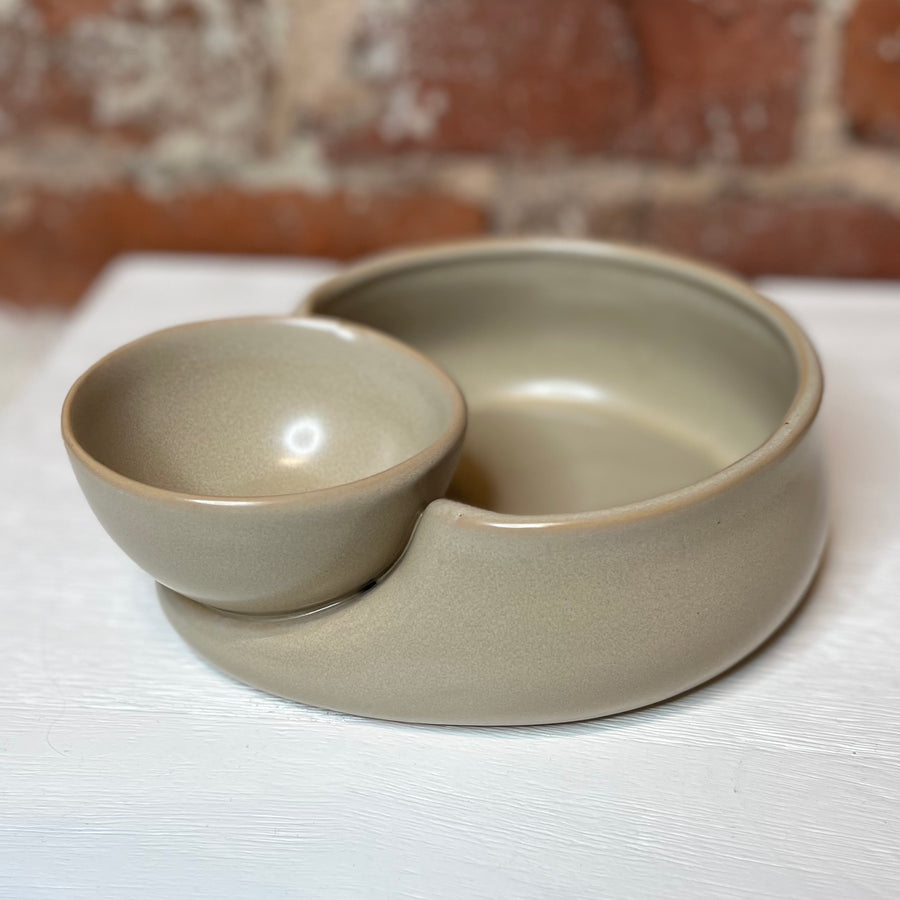Brown Stoneware Cracker and Soup Bowl
