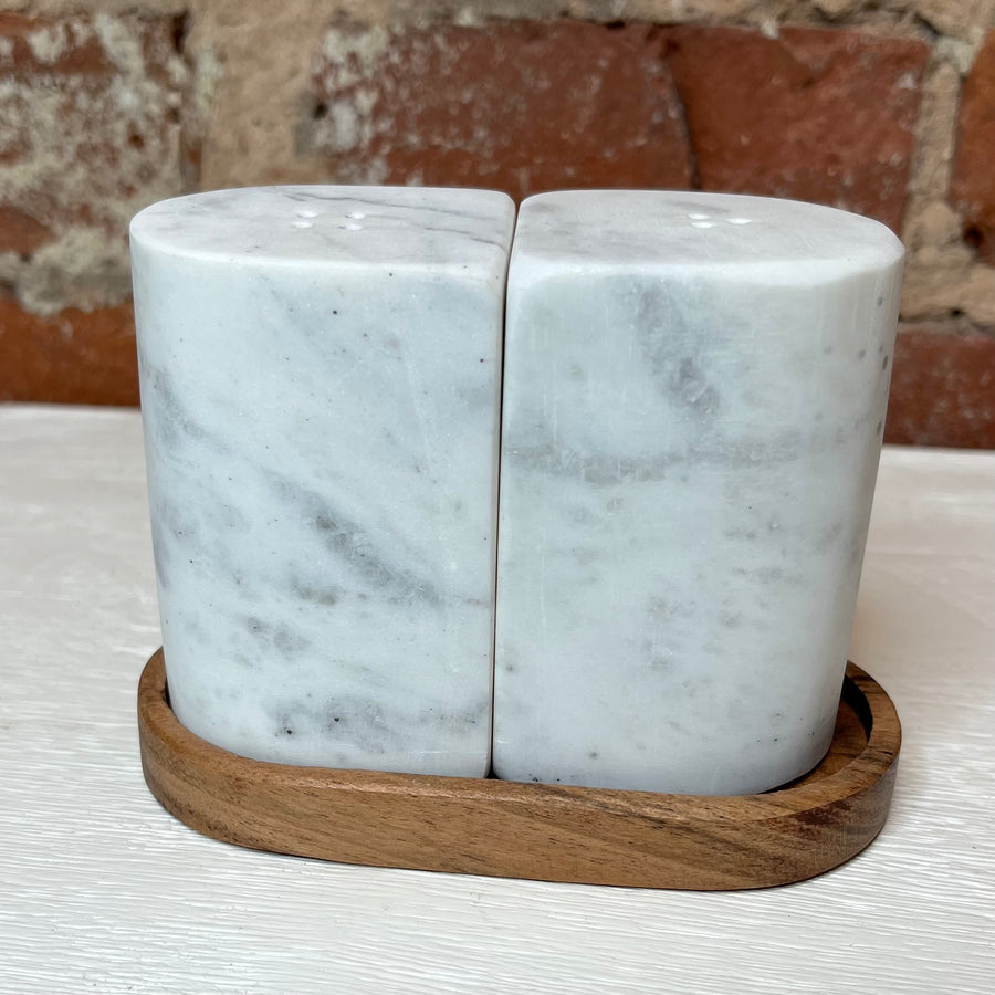 Marble S&P Shakers w/ Acacia Wood Tray