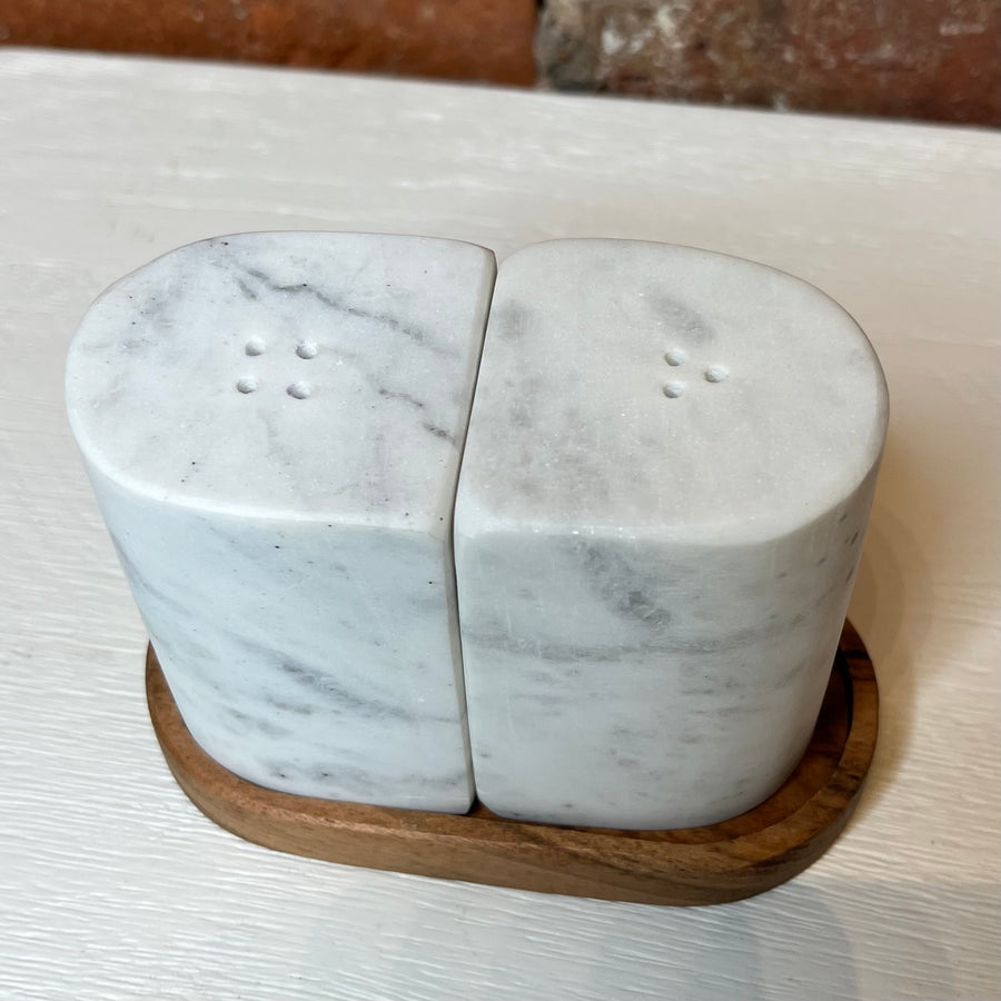 Marble S&P Shakers w/ Acacia Wood Tray