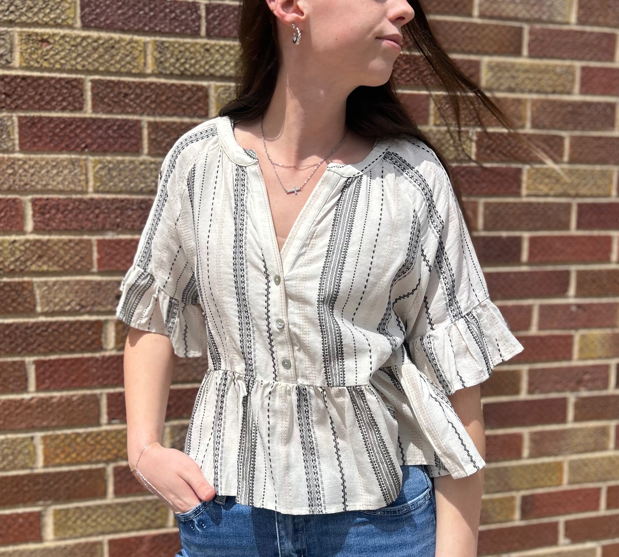 Striped Bell Sleeve Linen Top