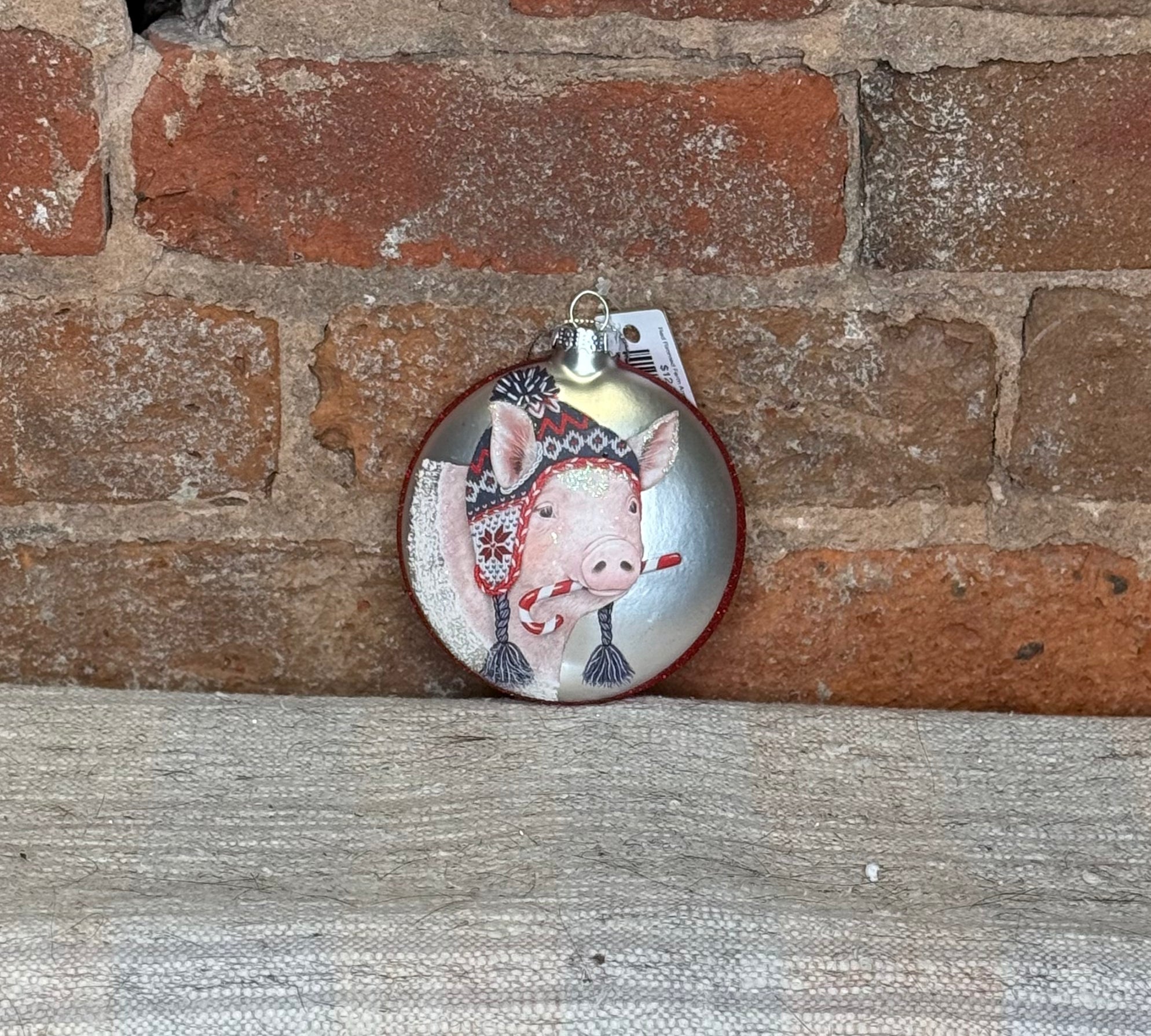Red Rimmed Farm Animal Glass Disc Orn 4”