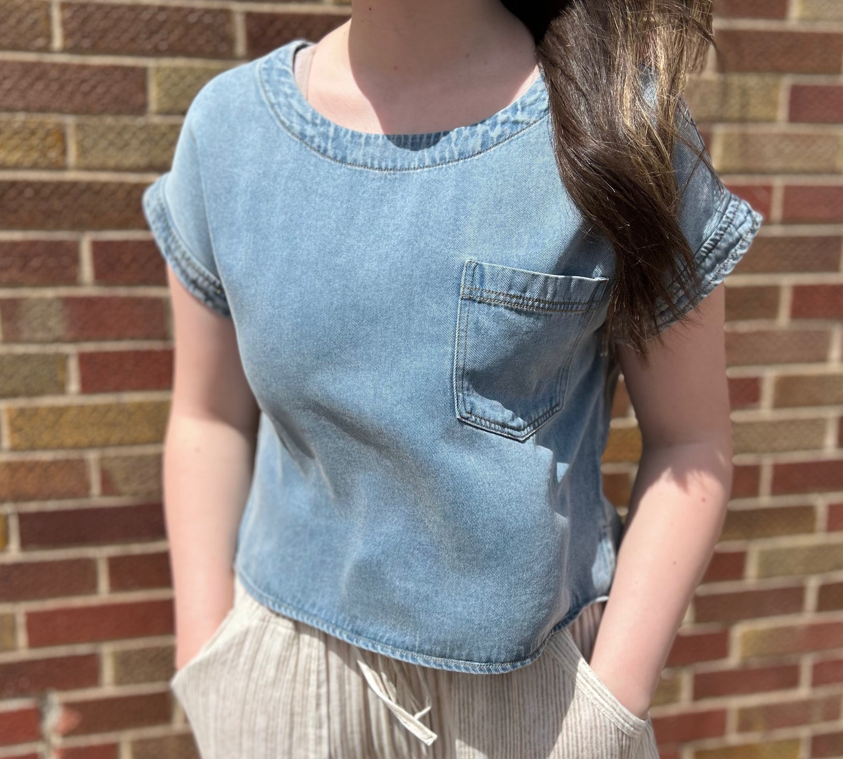 Denim Round Neck Short Sleeve Top