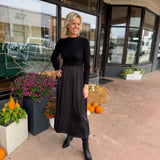 Ribbed Mock Neck Satin Midi Dress