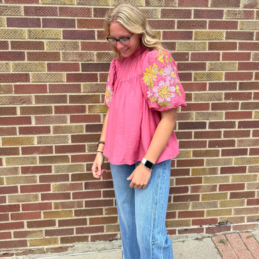 Crinkled Top w/Embroidered Puff Sleeves