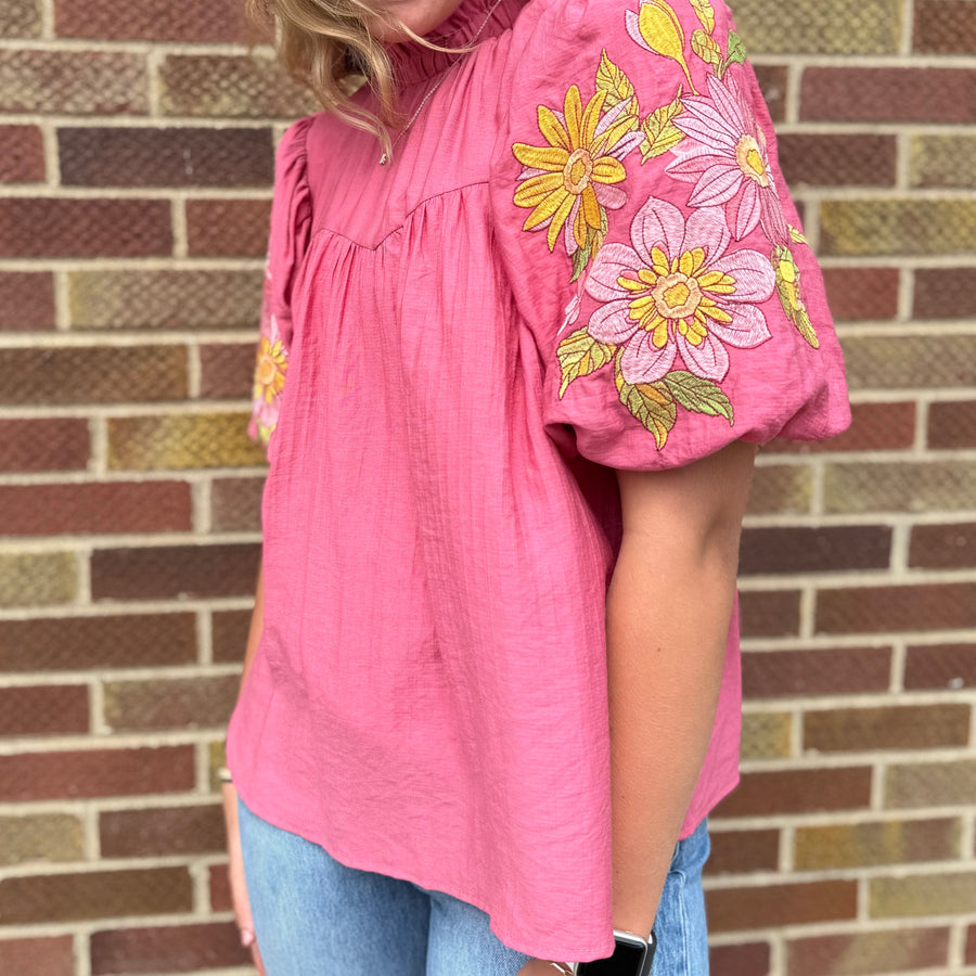 Crinkled Top w/Embroidered Puff Sleeves