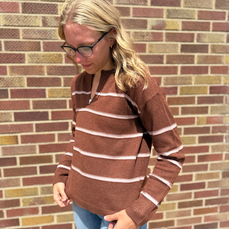 Stripe Cutout V-Neck Sweater Knit Top