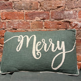 Natural/Green Embroidered Merry Lumbar Pillow 24”