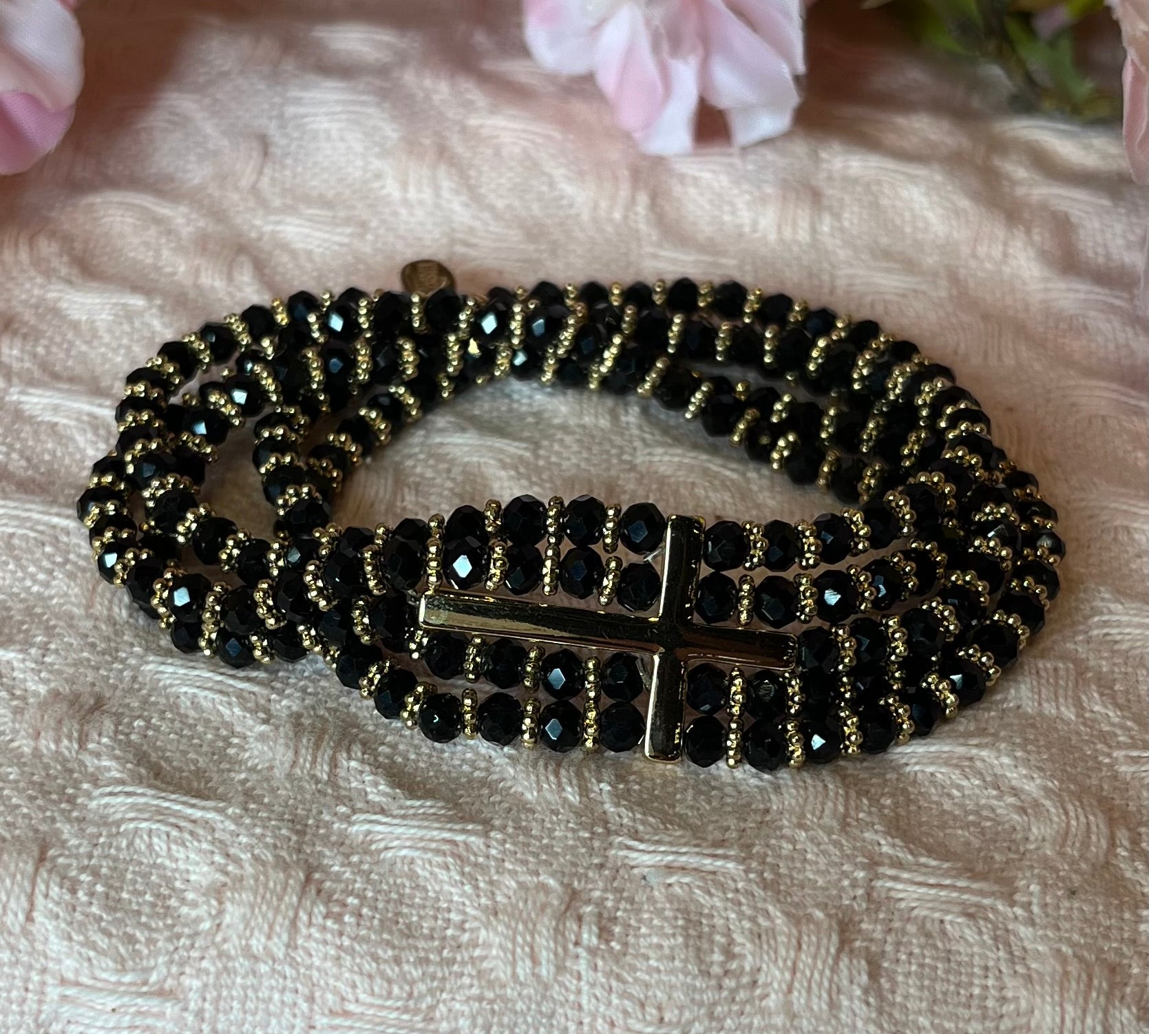 Crystal Side Cross 5 Stacked Stretch Bracelet