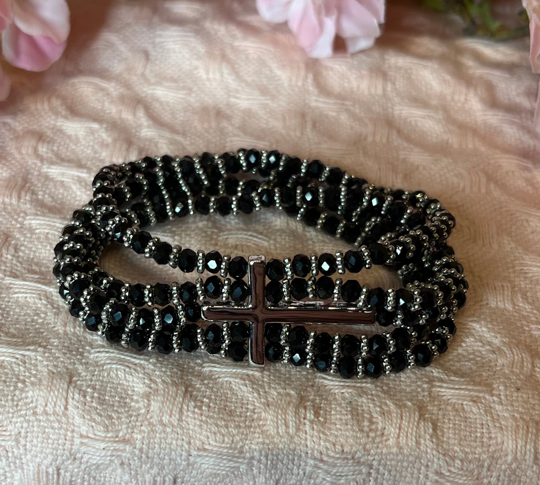 Crystal Side Cross 5 Stacked Stretch Bracelet
