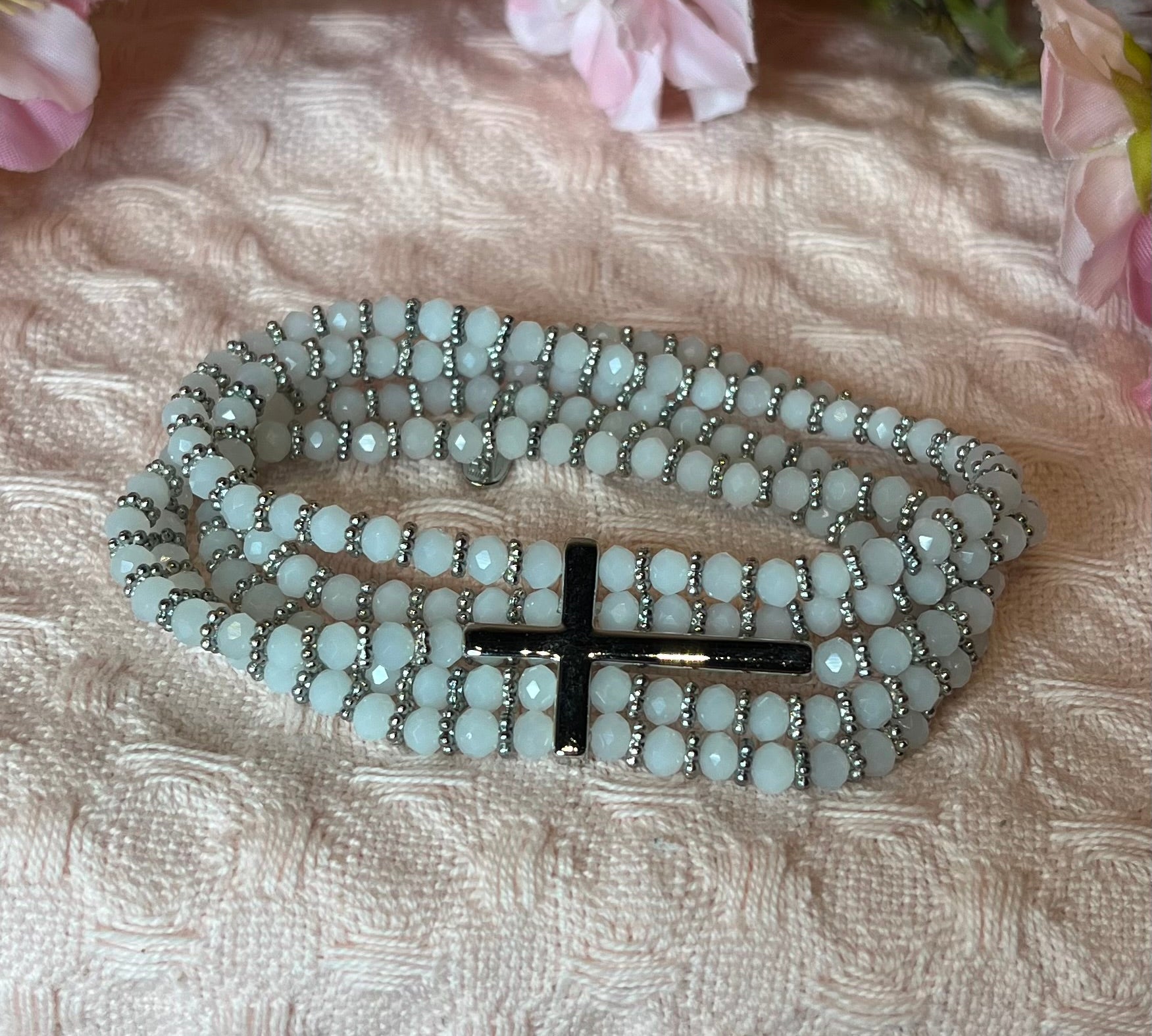 Crystal Side Cross 5 Stacked Stretch Bracelet