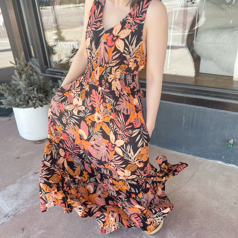 Peach Blossom Tropical Print Maxi Dress