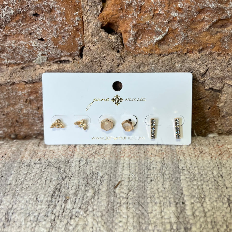 3 Stud Bee/Rhinestone Bar Earring Set