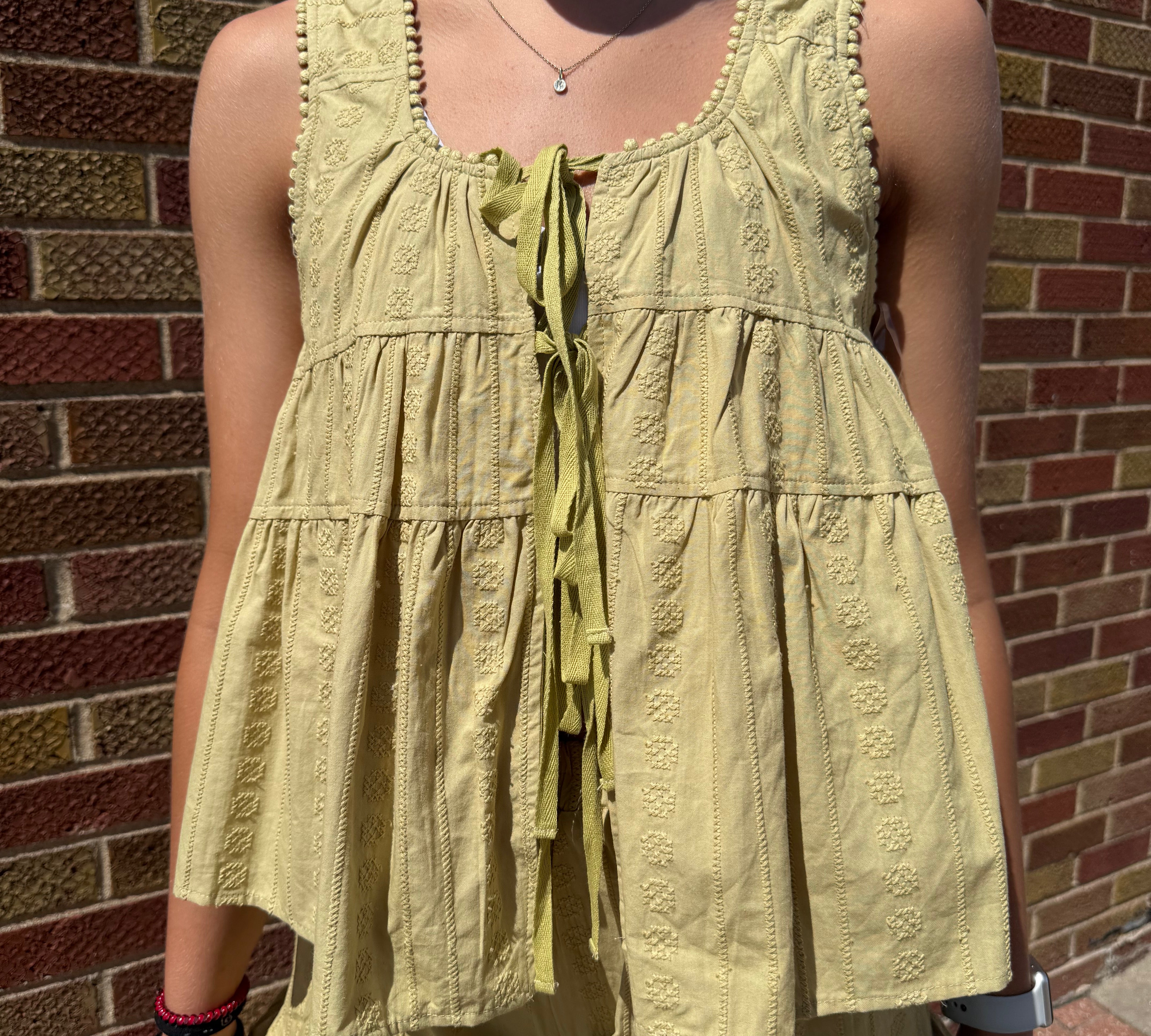 Embroidered Tiered Baby Doll Top w/Tie
