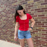 U Neck Short Sleeve Button Down Ribbed Top