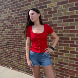 U Neck Short Sleeve Button Down Ribbed Top