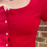 U Neck Short Sleeve Button Down Ribbed Top