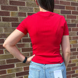 U Neck Short Sleeve Button Down Ribbed Top