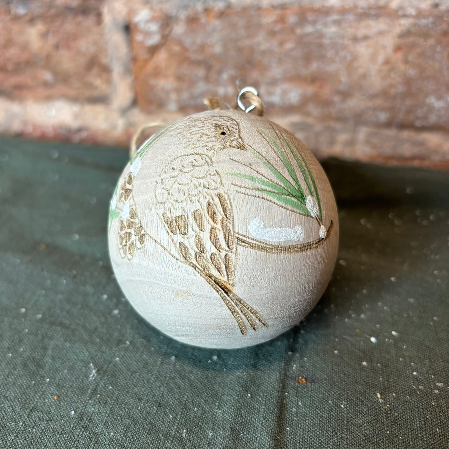 Wood Sphere Bird Orn 3”