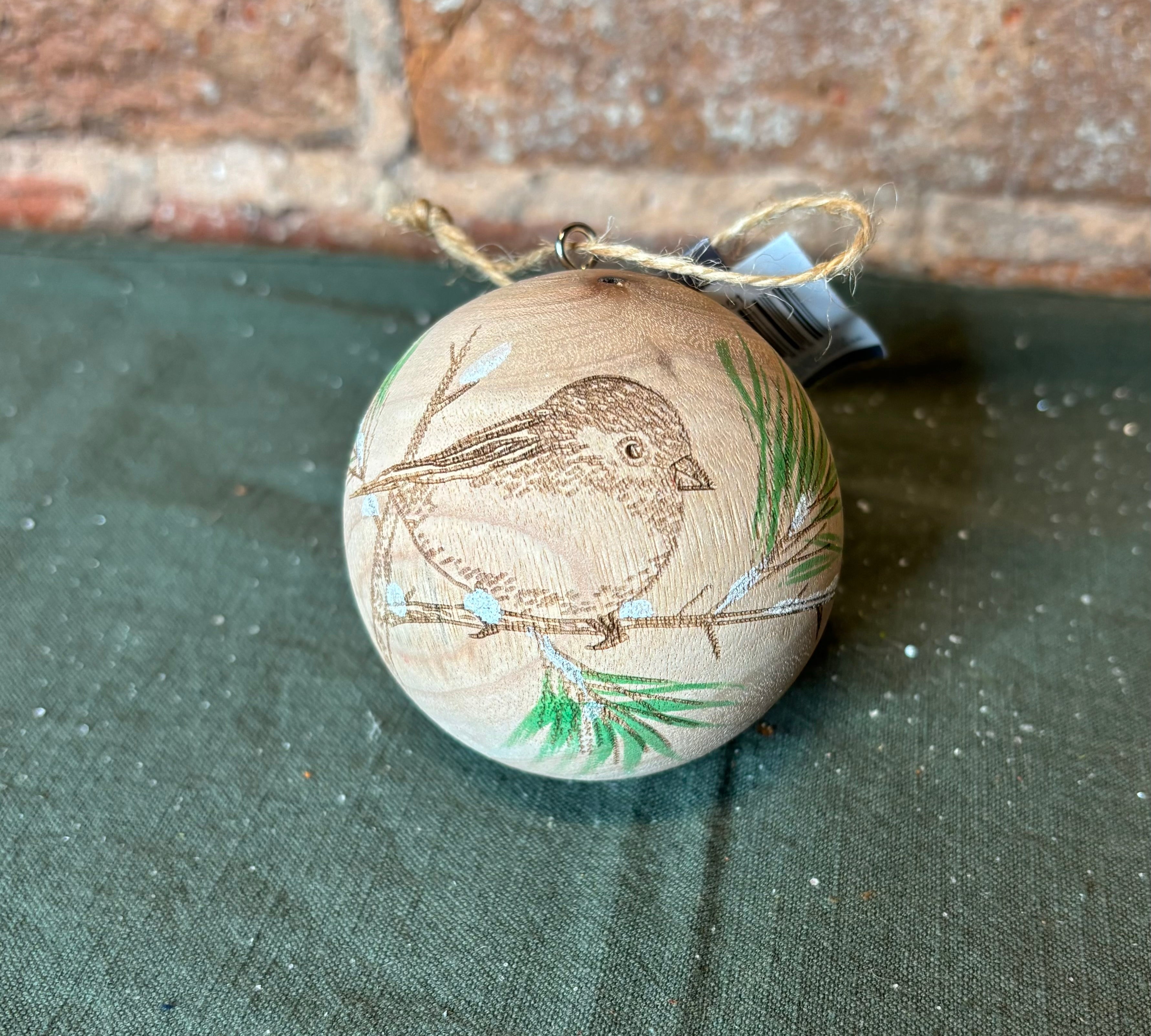 Wood Sphere Bird Orn 3”