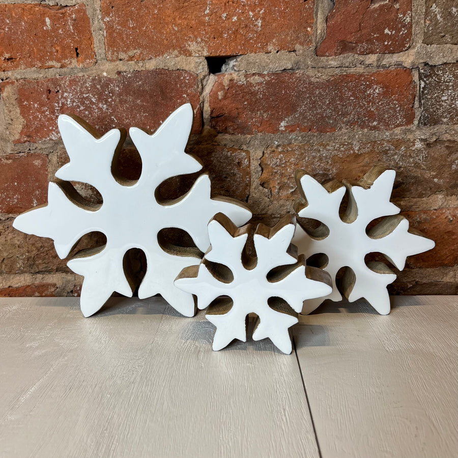 White Enameled Front Wood Snowflakes