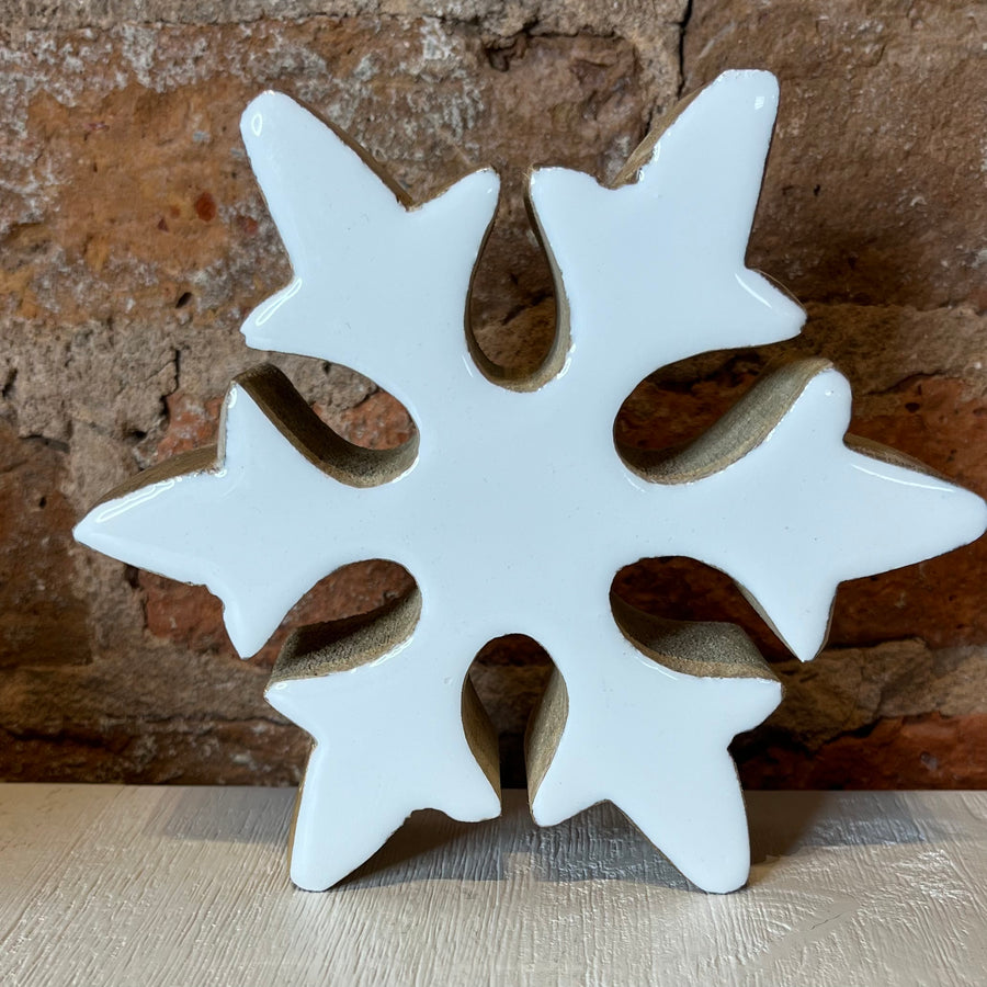 White Enameled Front Wood Snowflakes