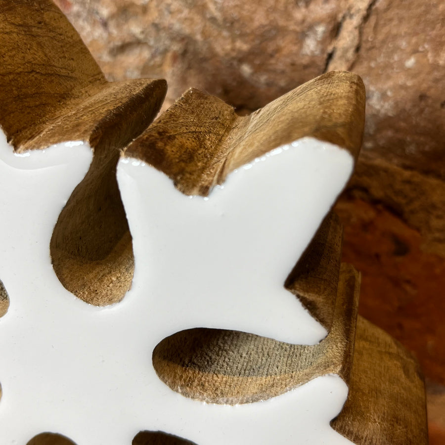 White Enameled Front Wood Snowflakes