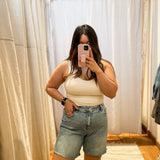 Mid Rise Raw Hem Denim Shorts