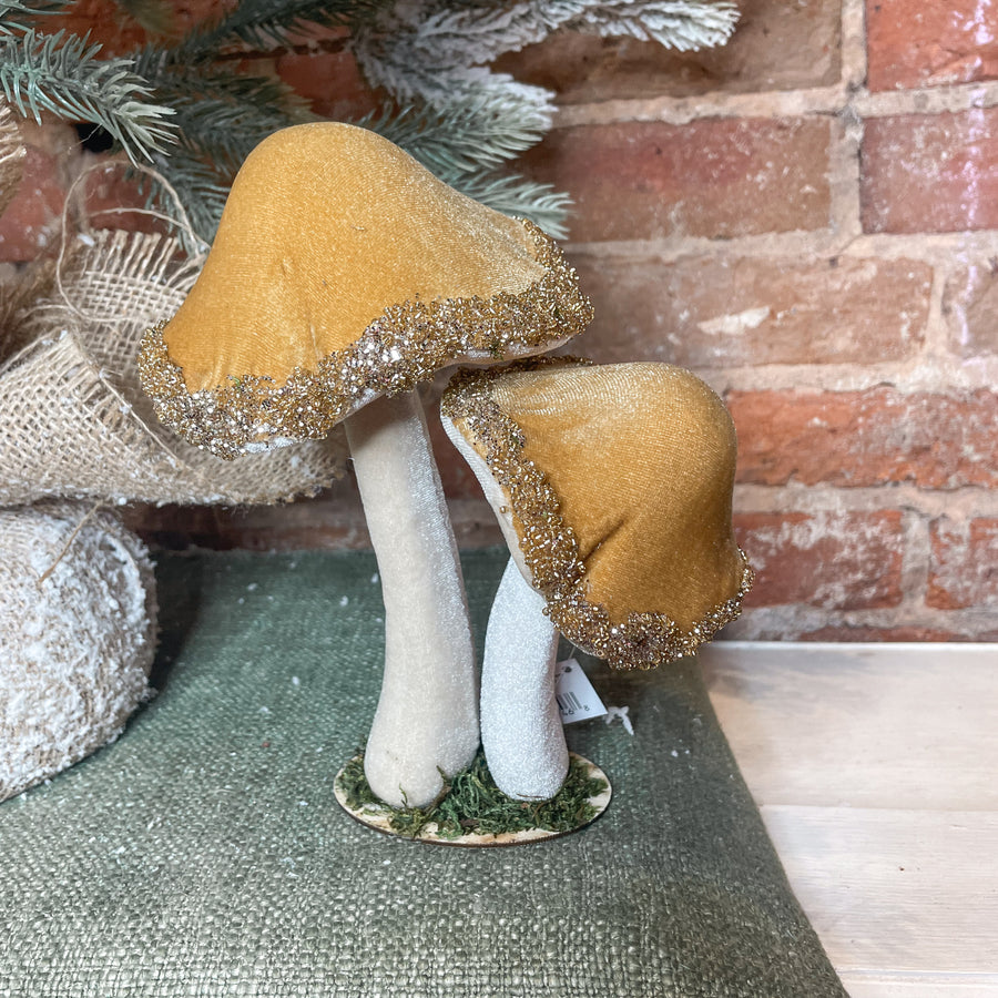 Velvet Tan Glitter Edge Mushroom Cluster 8”