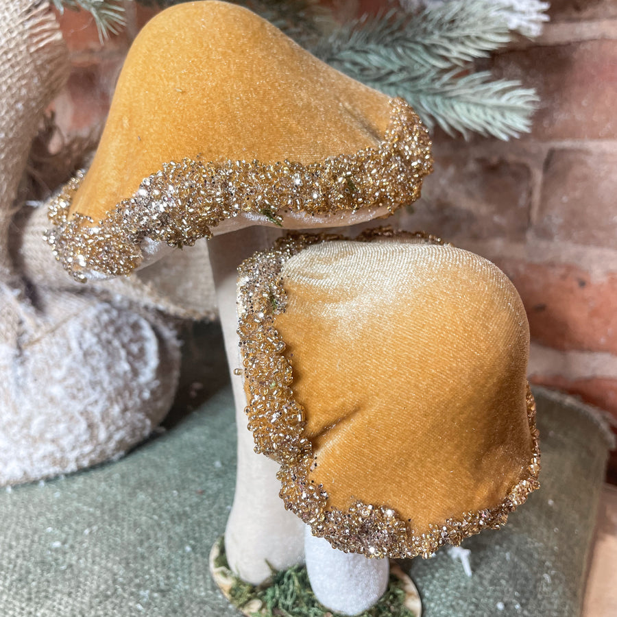 Velvet Tan Glitter Edge Mushroom Cluster 8”