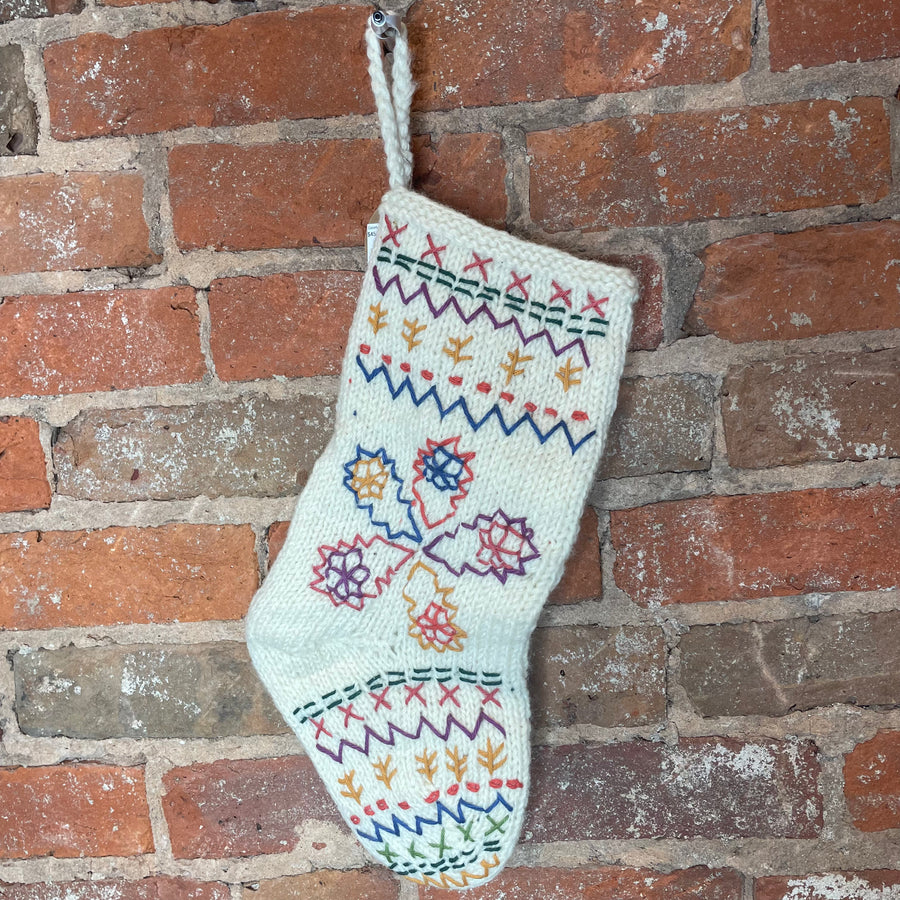 Colorful Embroidered Knit Snowflake Stocking 16”