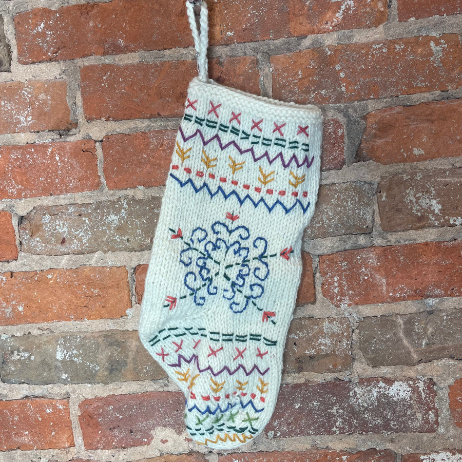 Colorful Embroidered Knit Snowflake Stocking 16”