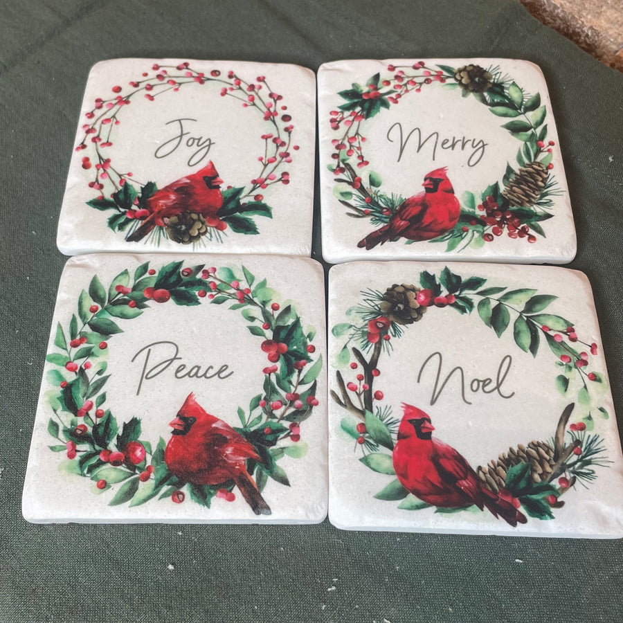 Cardinal Wreath Coaster Set of 4