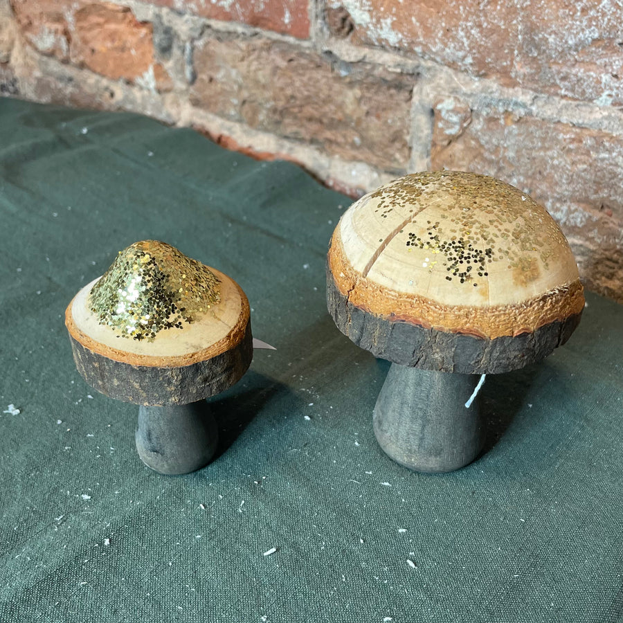 Natural Wood Carved Glitter Speckled Mushroom