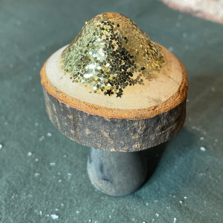 Natural Wood Carved Glitter Speckled Mushroom