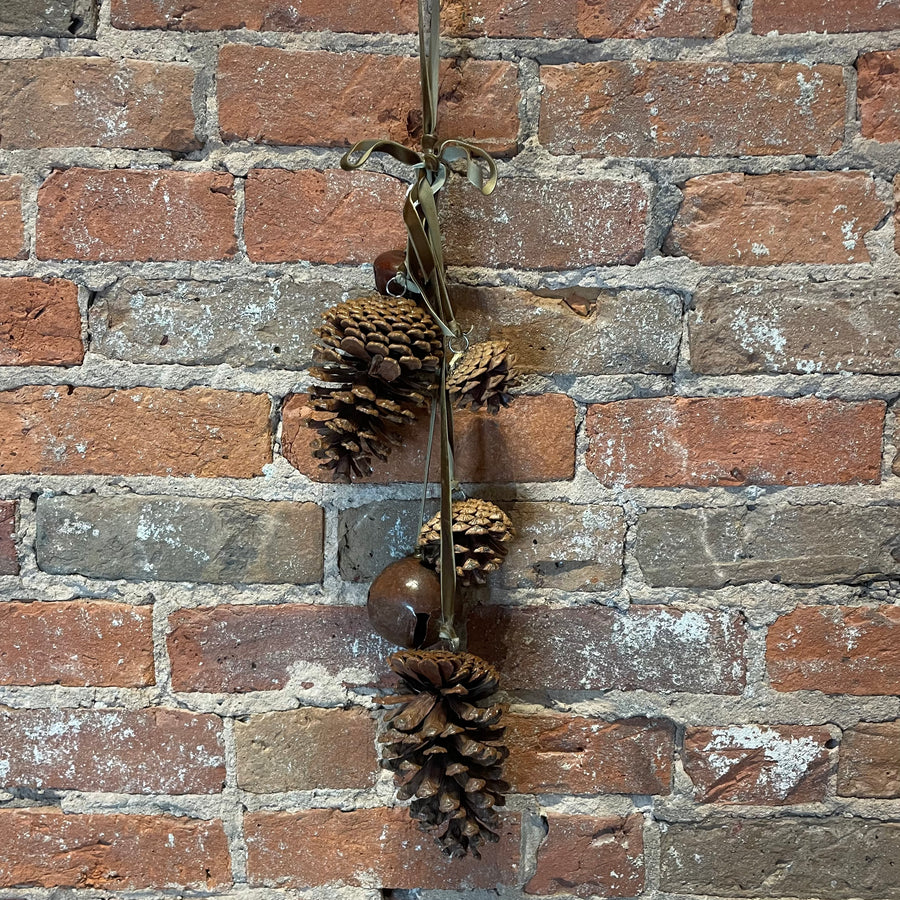 Brown Pine Cone & Bell Orn w/ Velvet Ties 19”