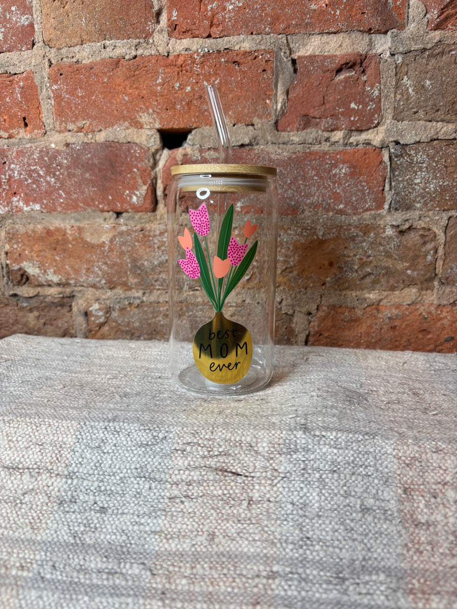Best Mom Ever Glass Cup w/Straw