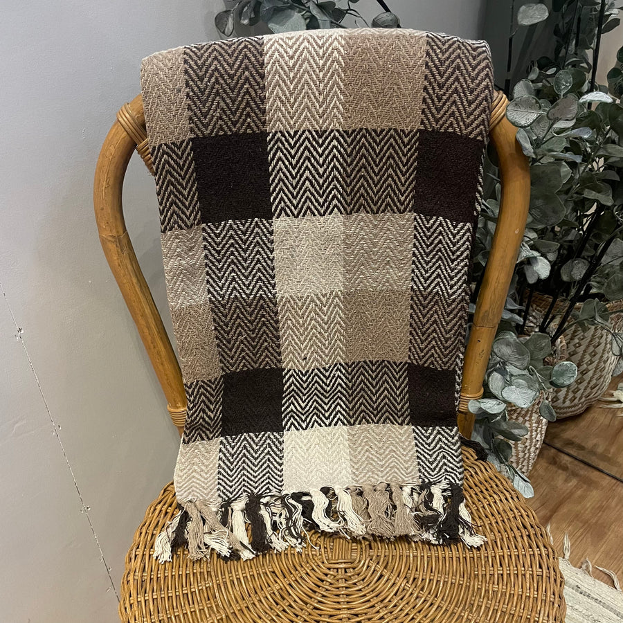 Black, Tan & Natural Plaid Woven Throw 50x60"