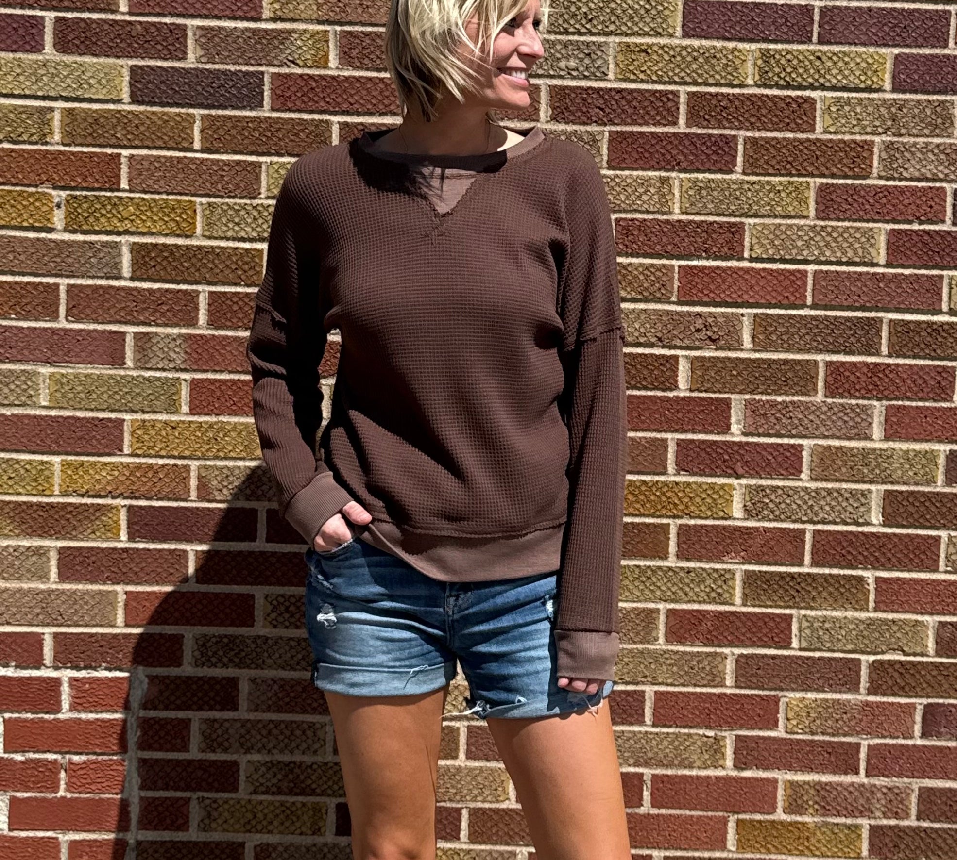 Waffle Crewneck w/Raw Edge Detail