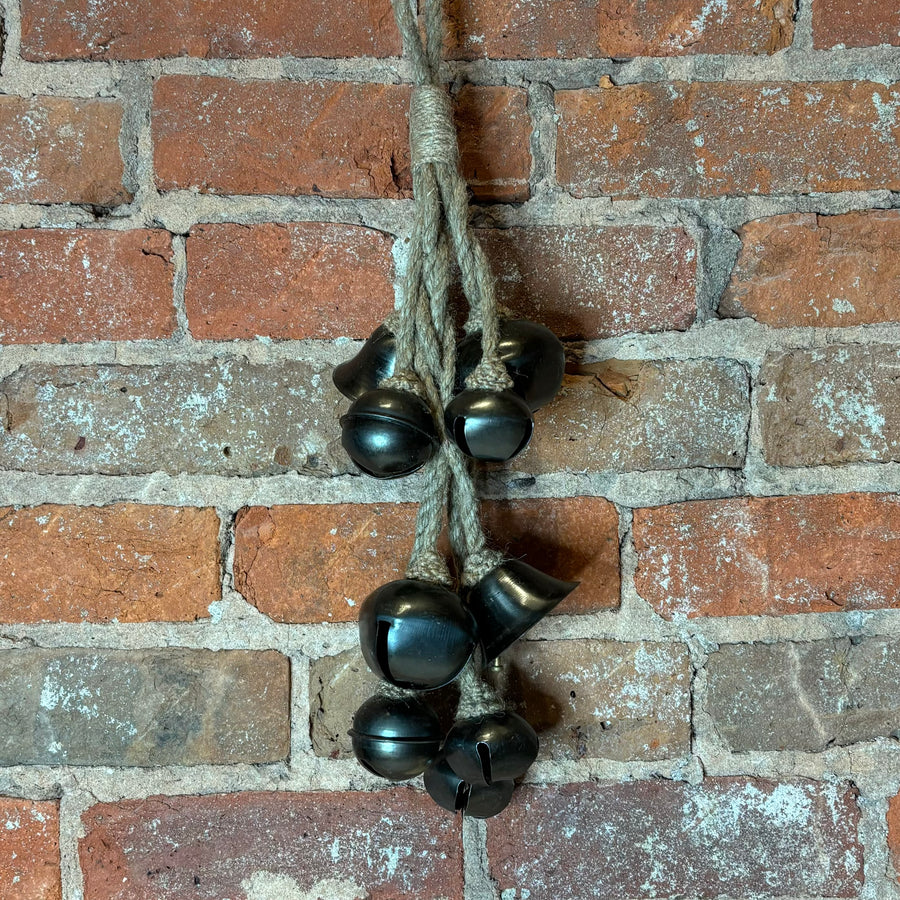 Dark Silver Metal Bells On Jute Hanger 16”