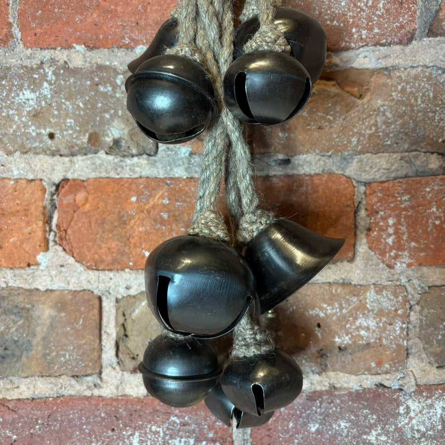 Dark Silver Metal Bells On Jute Hanger 16”