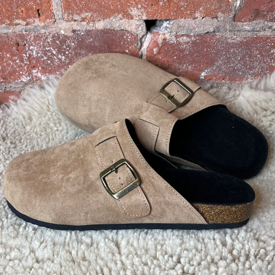 Beige Suede Buckle Detail Clog