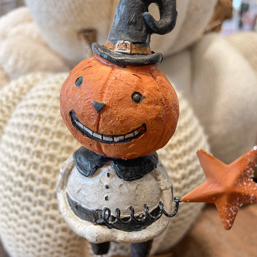 Resin Standing Pumpkin Man w/ Hat Holding Star 7.5”